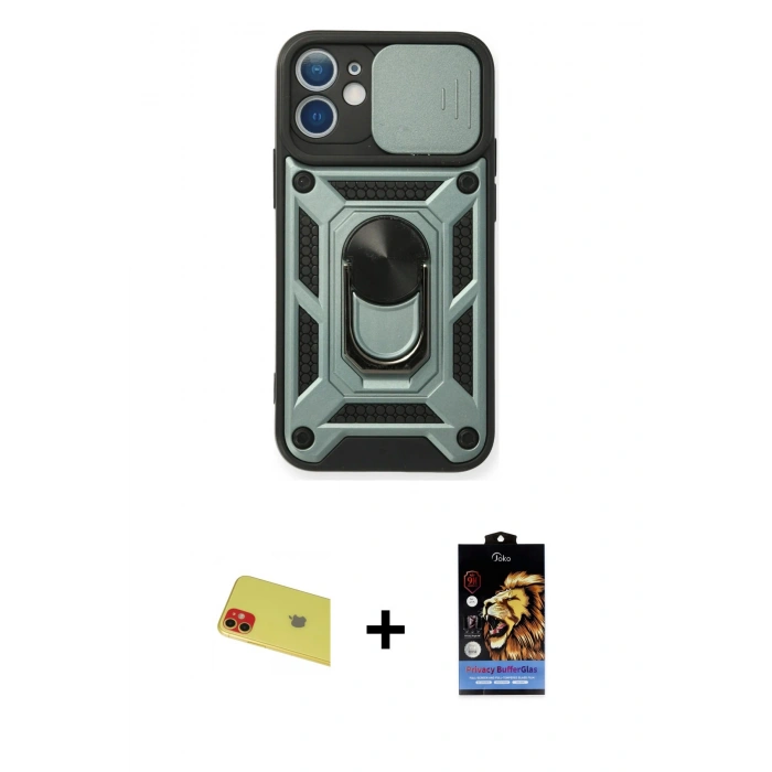 MARSİLYAN™- iPhone 11 Kılıf Ahenk Klasik - Siyah Buffer Hayalet Cam Ekran Koruyucu + Rainbow Kamera Lens Koruma Cam - KI