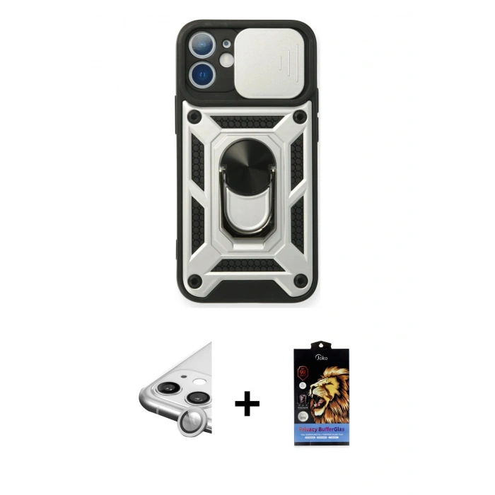 MARSİLYAN™- iPhone 11 Kılıf Ahenk Klasik - Siyah Buffer Hayalet Cam Ekran Koruyucu + Raze Metal Kamera Lens - GS