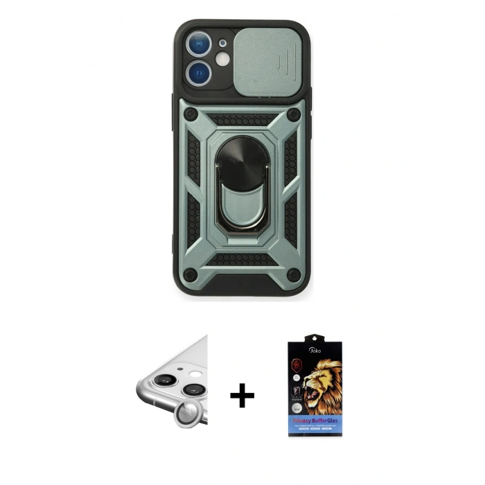 MARSİLYAN™- iPhone 11 Kılıf Ahenk Klasik - Siyah Buffer Hayalet Cam Ekran Koruyucu + Raze Metal Kamera Lens - GS