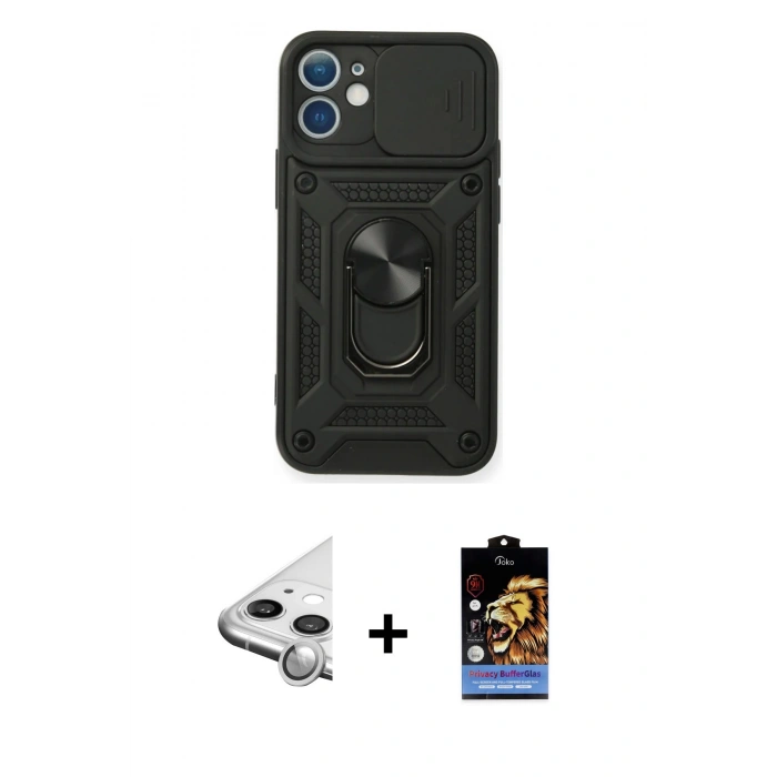 MARSİLYAN™- iPhone 11 Kılıf Ahenk Klasik - Siyah Buffer Hayalet Cam Ekran Koruyucu + Raze Metal Kamera Lens - GS