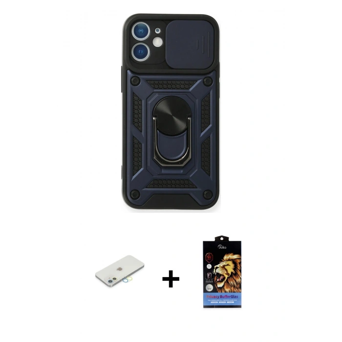 MARSİLYAN™- iPhone 11 Kılıf Ahenk Klasik - Siyah Buffer Hayalet Cam Ekran Koruyucu + Renkli Kamera Lens Koruma Cam - SI