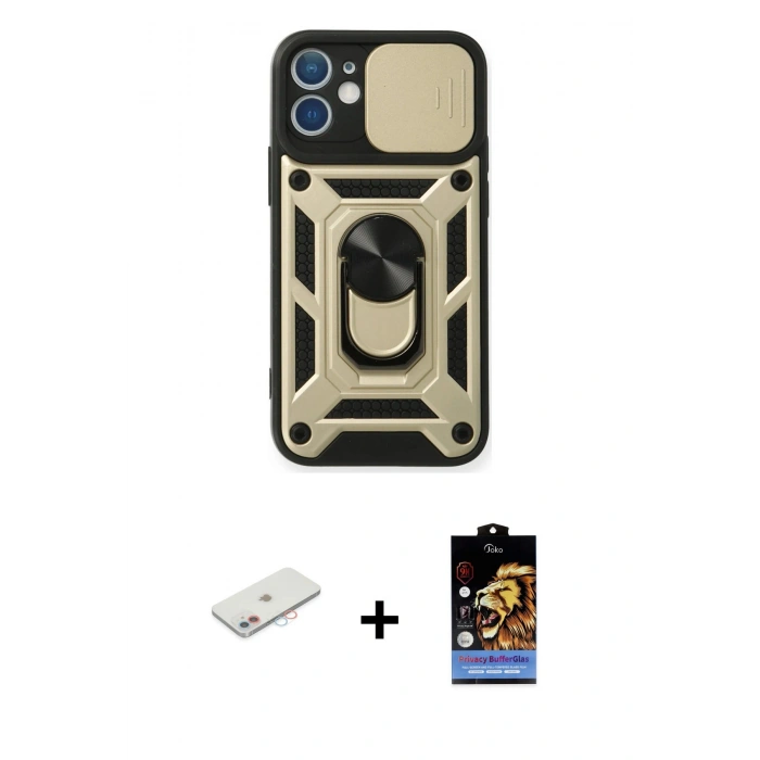 MARSİLYAN™- iPhone 11 Kılıf Ahenk Klasik - Siyah Buffer Hayalet Cam Ekran Koruyucu + Renkli Kamera Lens Koruma Cam - PE