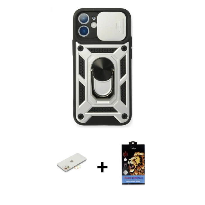 MARSİLYAN™- iPhone 11 Kılıf Ahenk Klasik - Siyah Buffer Hayalet Cam Ekran Koruyucu + Renkli Kamera Lens Koruma Cam - SI