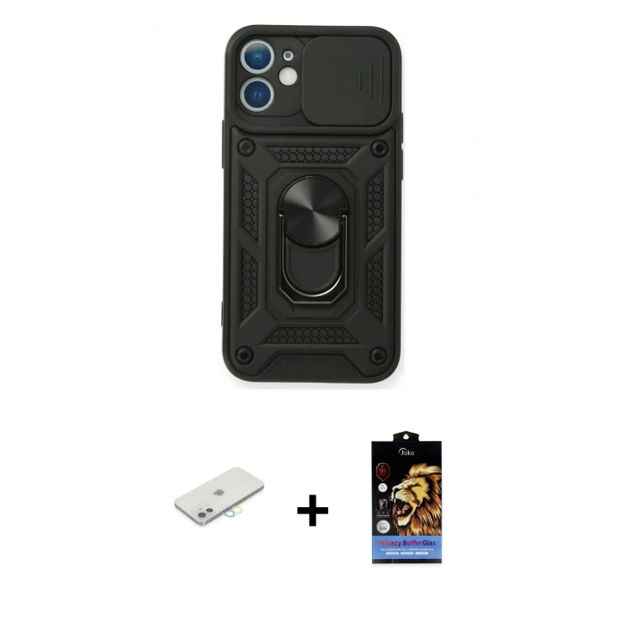 MARSİLYAN™- iPhone 11 Kılıf Ahenk Klasik - Siyah Buffer Hayalet Cam Ekran Koruyucu + Renkli Kamera Lens Koruma Cam - SI