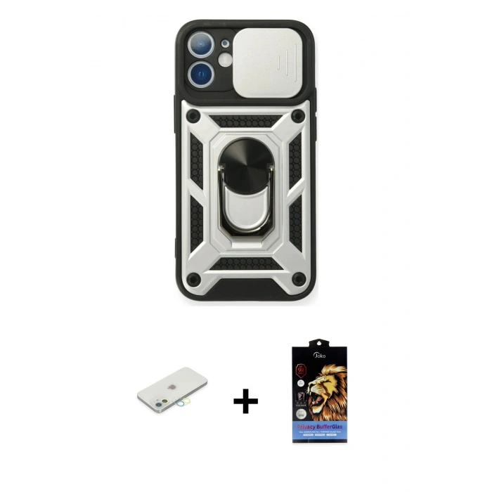 MARSİLYAN™- iPhone 11 Kılıf Ahenk Klasik - Siyah Buffer Hayalet Cam Ekran Koruyucu + Renkli Kamera Lens Koruma Cam - SI