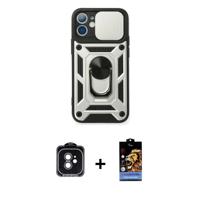 MARSİLYAN™- iPhone 11 Kılıf Ahenk Klasik - Siyah Buffer Hayalet Cam Ekran Koruyucu + PVD Metal Kamera Lens - SH
