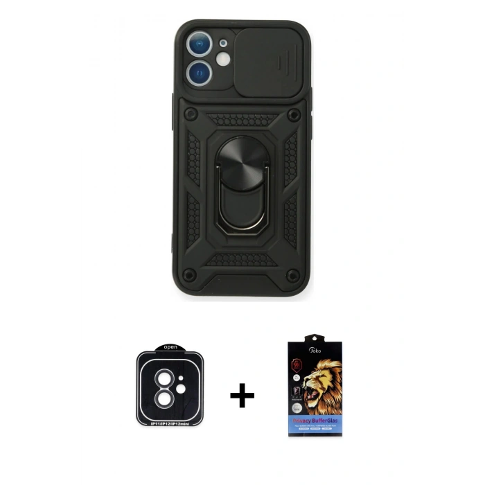 MARSİLYAN™- iPhone 11 Kılıf Ahenk Klasik - Siyah Buffer Hayalet Cam Ekran Koruyucu + PVD Metal Kamera Lens - SH