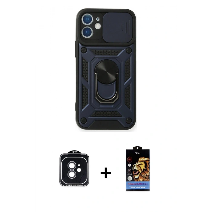 MARSİLYAN™- iPhone 11 Kılıf Ahenk Klasik - Siyah Buffer Hayalet Cam Ekran Koruyucu + PVD Metal Kamera Lens - SH