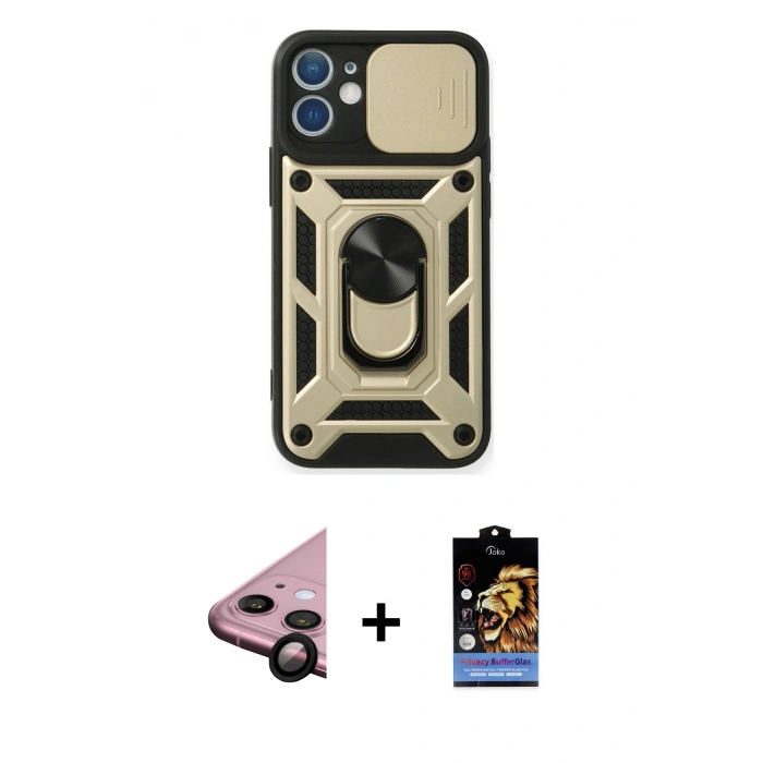 MARSİLYAN™- iPhone 11 Kılıf Ahenk Klasik - Siyah Buffer Hayalet Cam Ekran Koruyucu + Raze Metal Kamera Lens - SH