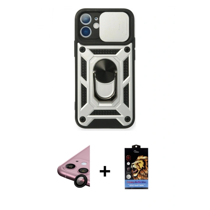 MARSİLYAN™- iPhone 11 Kılıf Ahenk Klasik - Siyah Buffer Hayalet Cam Ekran Koruyucu + Raze Metal Kamera Lens - SH