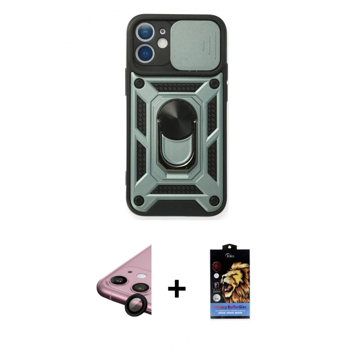 MARSİLYAN™- iPhone 11 Kılıf Ahenk Klasik - Siyah Buffer Hayalet Cam Ekran Koruyucu + Raze Metal Kamera Lens - SH