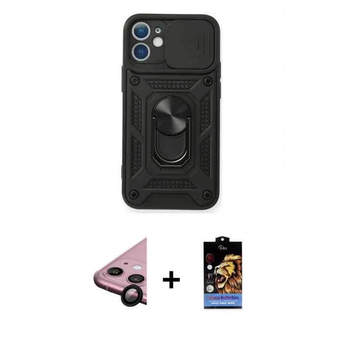 MARSİLYAN™- iPhone 11 Kılıf Ahenk Klasik - Siyah Buffer Hayalet Cam Ekran Koruyucu + Raze Metal Kamera Lens - SH