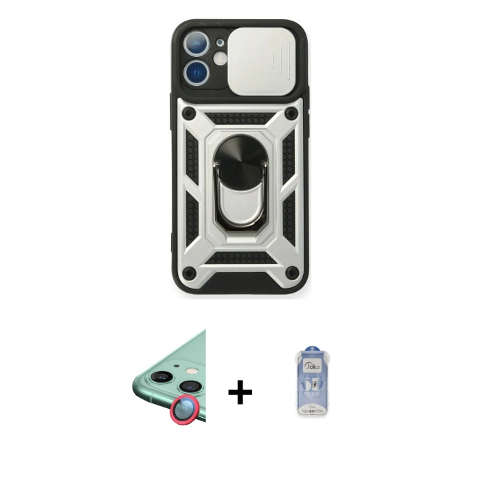 MARSİLYAN™- iPhone 11 Kılıf Ahenk Klasik - Siyah Joko Magic 5D Cam + Kırmızı Raze Metal Kamera Lens