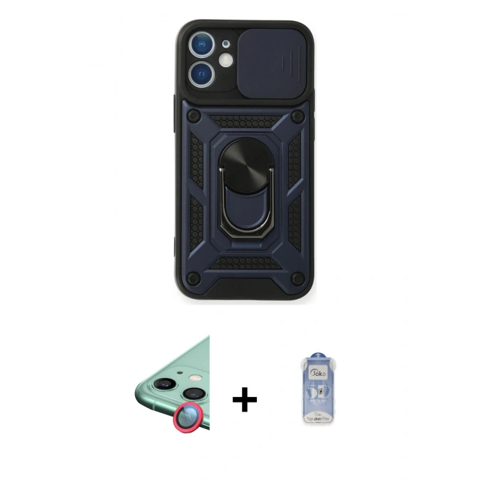 MARSİLYAN™- iPhone 11 Kılıf Ahenk Klasik - Siyah Joko Magic 5D Cam + Kırmızı Raze Metal Kamera Lens
