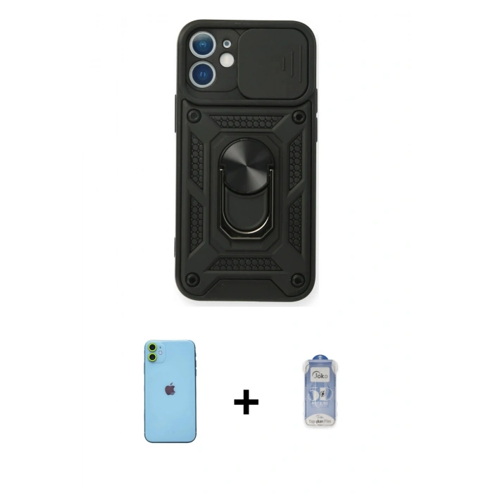 MARSİLYAN™- iPhone 11 Kılıf Ahenk Klasik - Siyah Joko Magic 5D Cam + Neon Fosforlu Kamera Lens - YL