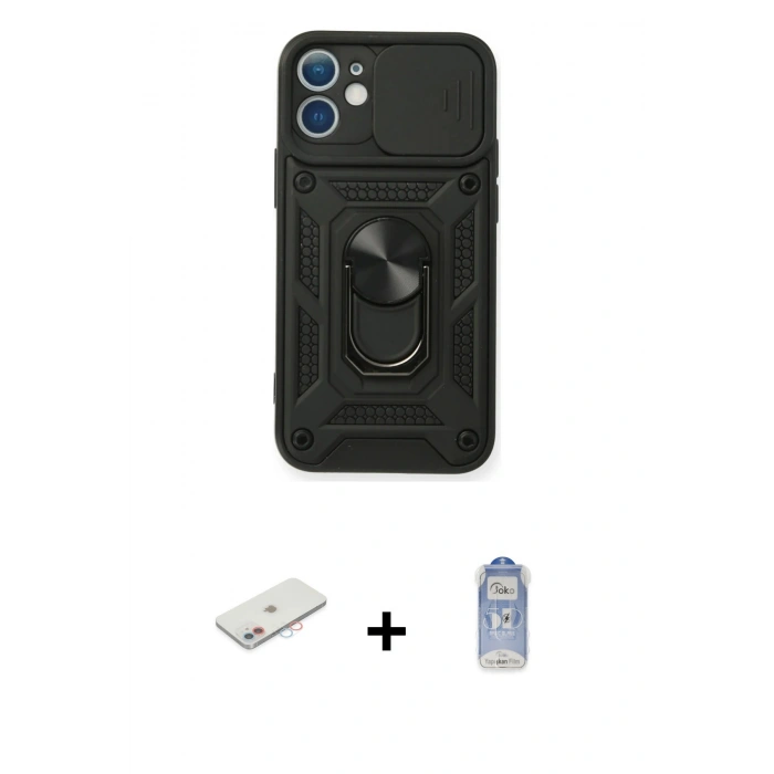 MARSİLYAN™- iPhone 11 Kılıf Ahenk Klasik - Siyah Joko Magic 5D Cam + Renkli Kamera Lens Koruma Cam - PE