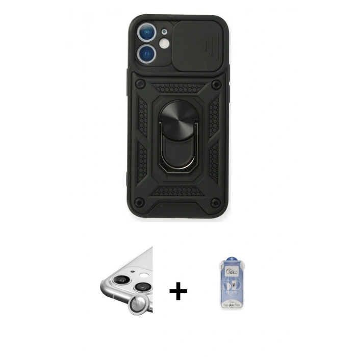 MARSİLYAN™- iPhone 11 Kılıf Ahenk Klasik - Siyah Joko Magic 5D Cam + Raze Metal Kamera Lens - GS