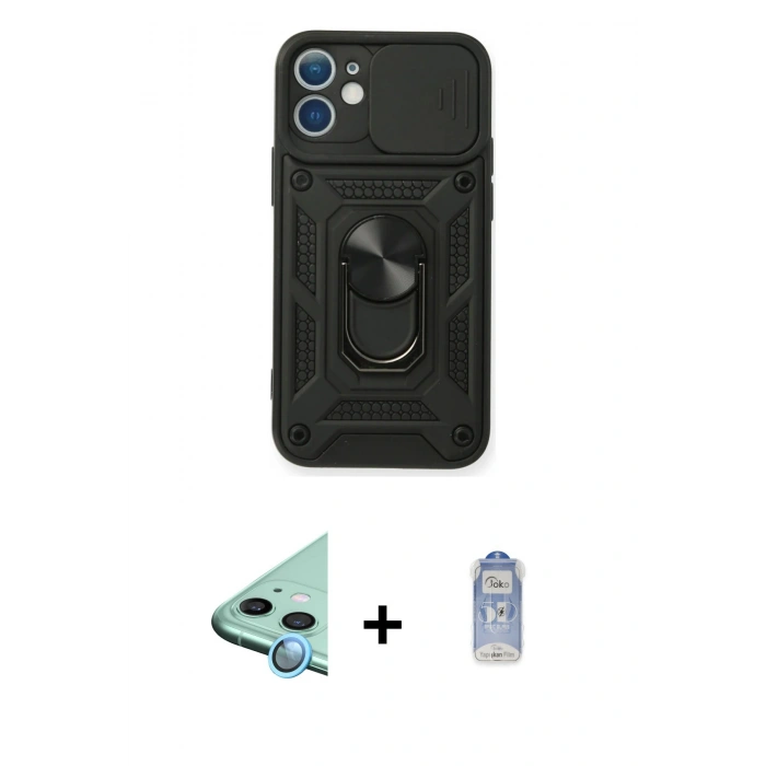 MARSİLYAN™- iPhone 11 Kılıf Ahenk Klasik - Siyah Joko Magic 5D Cam + Raze Metal Kamera Lens - MI