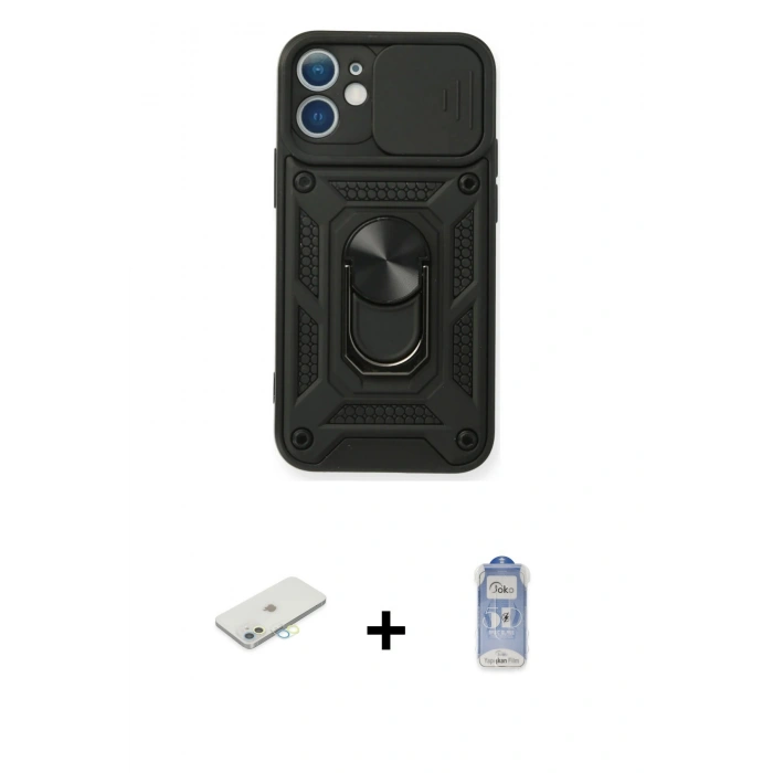 MARSİLYAN™- iPhone 11 Kılıf Ahenk Klasik - Siyah Joko Magic 5D Cam + Renkli Kamera Lens Koruma Cam - SI