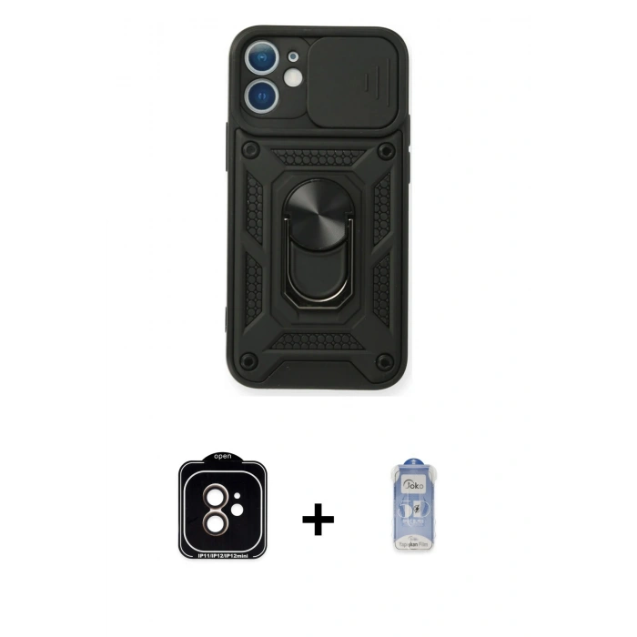 MARSİLYAN™- iPhone 11 Kılıf Ahenk Klasik - Siyah Joko Magic 5D Cam + Turuncu PVD Metal Kamera Lens