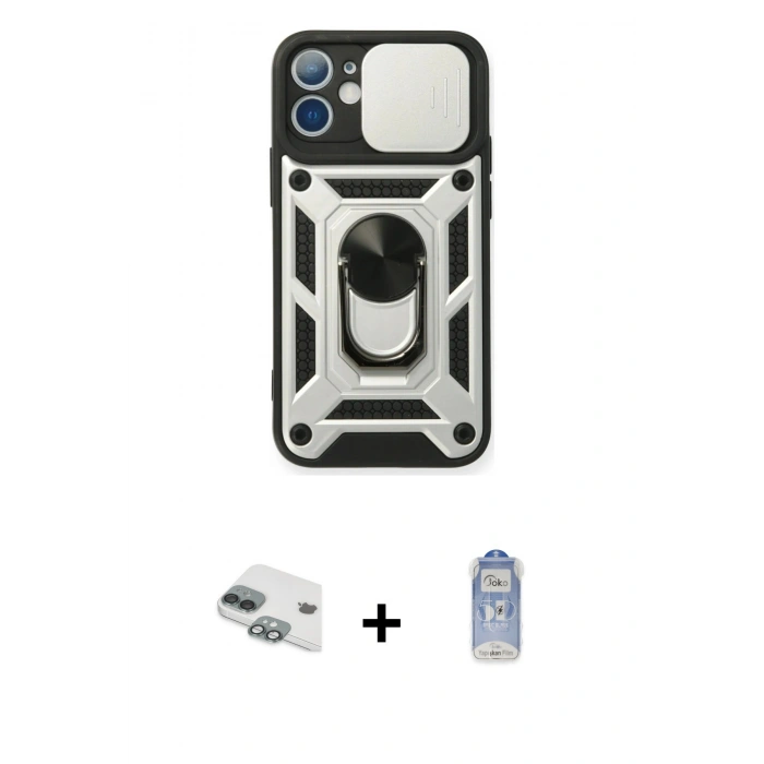 MARSİLYAN™- iPhone 11 Kılıf Ahenk Klasik - Siyah Joko Magic 5D Cam + Yeşil Pers Alüminyum Kamera Lens