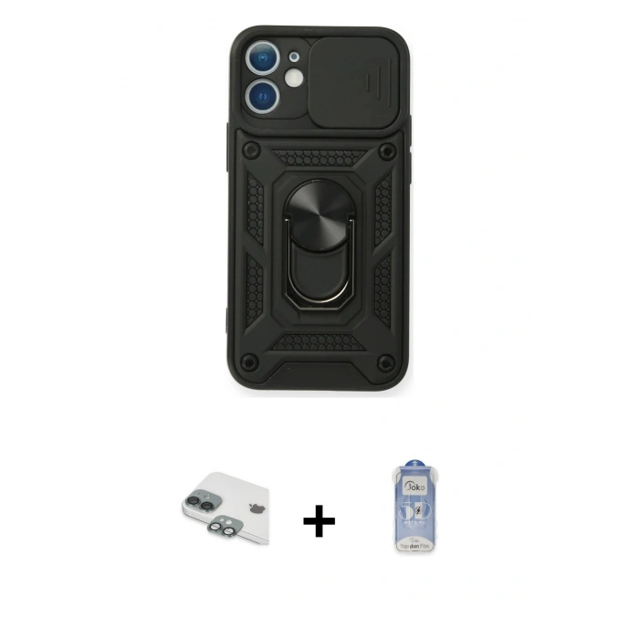 MARSİLYAN™- iPhone 11 Kılıf Ahenk Klasik - Siyah Joko Magic 5D Cam + Yeşil Pers Alüminyum Kamera Lens