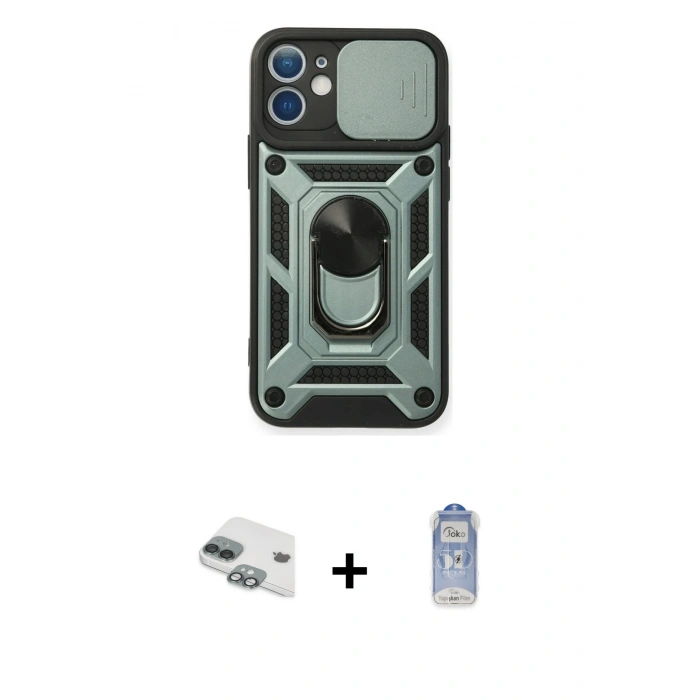 MARSİLYAN™- iPhone 11 Kılıf Ahenk Klasik - Siyah Joko Magic 5D Cam + Yeşil Pers Alüminyum Kamera Lens