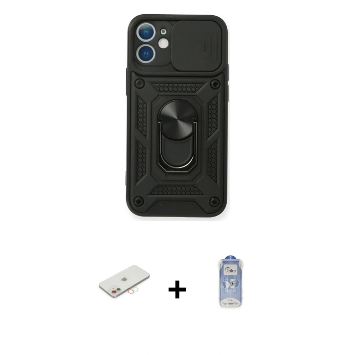 MARSİLYAN™- iPhone 11 Kılıf Ahenk Klasik - Siyah Joko Magic 5D Cam + Renkli Kamera Lens Koruma Cam - YL