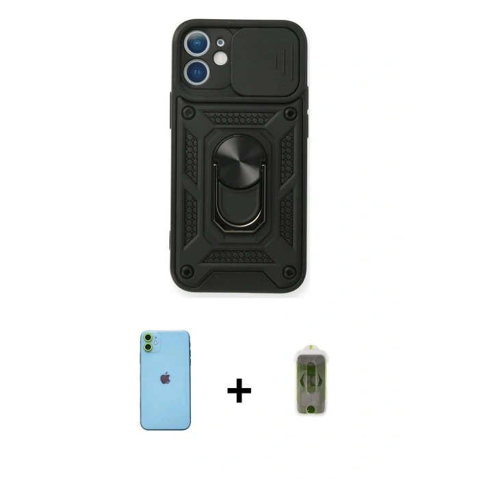 MARSİLYAN™- iPhone 11 Kılıf Ahenk Klasik - Siyah Joko Magic 5D Hayalet Cam + Neon Fosforlu Kamera Lens - YL