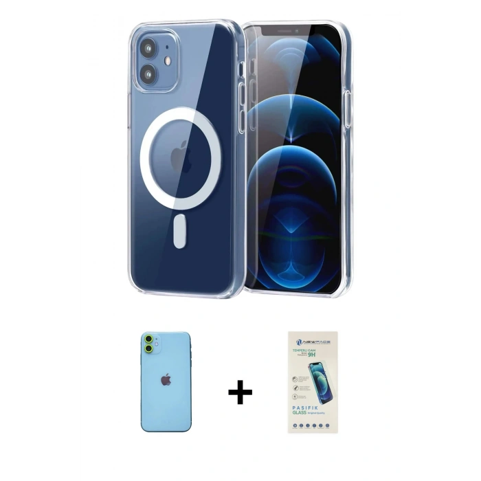 MARSİLYAN™- iPhone 11 Kılıf Ahenk Minimal Serisi - Şeffaf Pasifik Cam Ekran Koruyucu + Neon Fosforlu Kamera Lens - YL