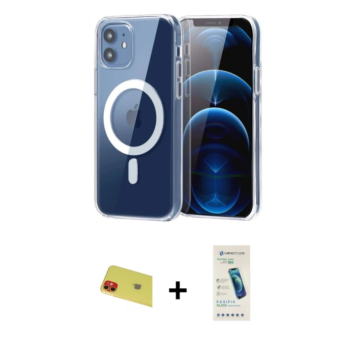 MARSİLYAN™- iPhone 11 Kılıf Ahenk Minimal Serisi - Şeffaf Pasifik Cam Ekran Koruyucu + Rainbow Kamera Lens Koruma Cam - KI