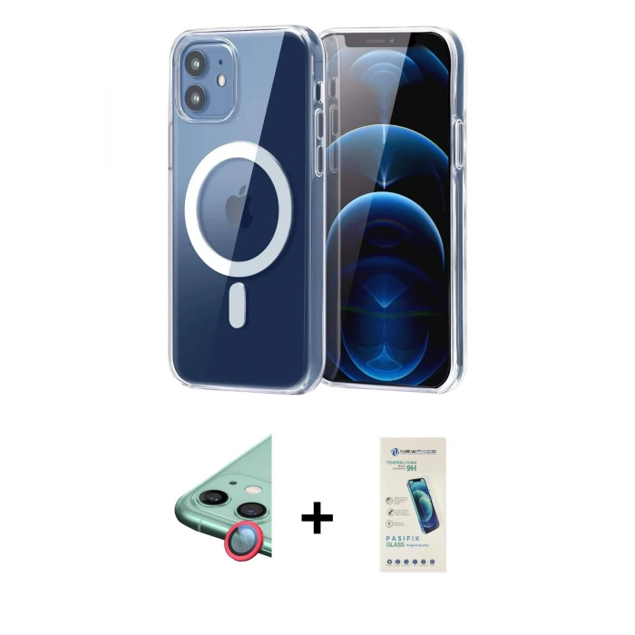 MARSİLYAN™- iPhone 11 Kılıf Ahenk Minimal Serisi - Şeffaf Pasifik Cam Ekran Koruyucu + Raze Metal Kamera Lens - KI