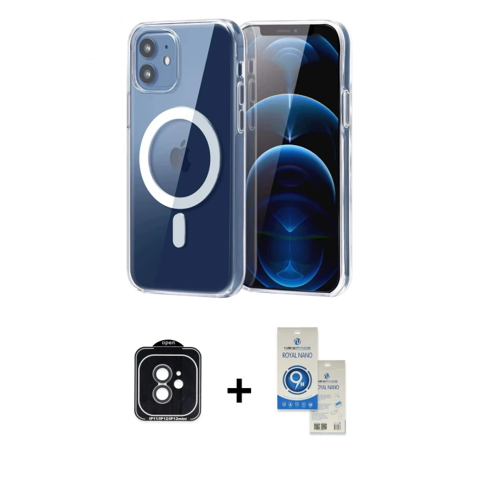 MARSİLYAN™- iPhone 11 Kılıf Ahenk Minimal Serisi - Şeffaf Royal Nano Ekran Koruyucu + PVD Metal Kamera Lens - SH