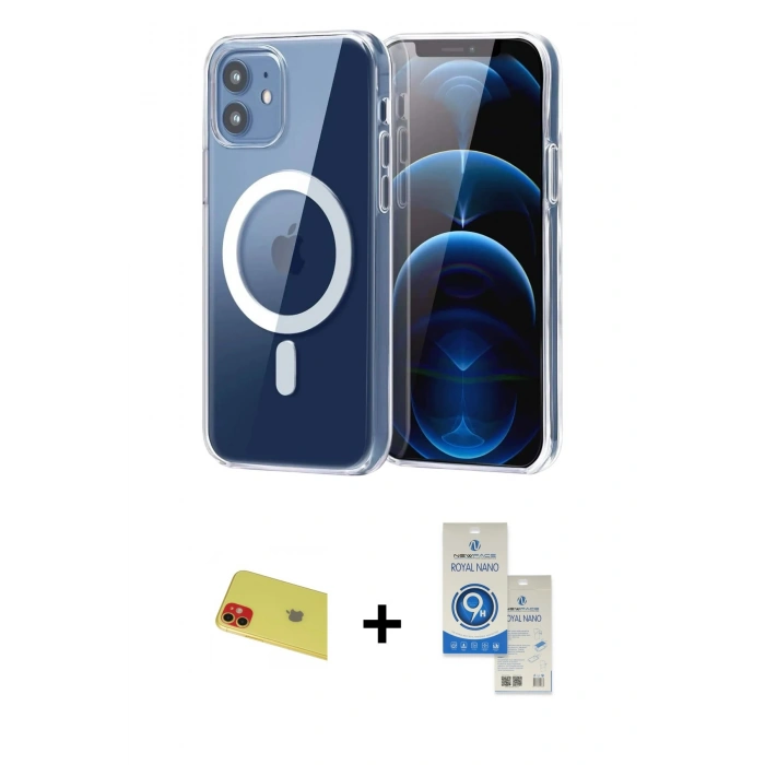 MARSİLYAN™- iPhone 11 Kılıf Ahenk Minimal Serisi - Şeffaf Royal Nano Ekran Koruyucu + Rainbow Kamera Lens Koruma Cam - KI
