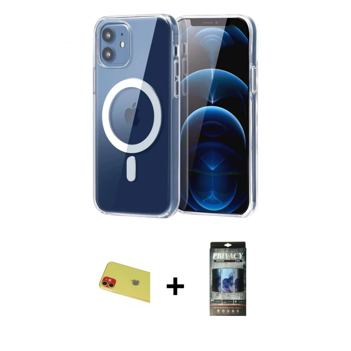 MARSİLYAN™- iPhone 11 Kılıf Ahenk Minimal Serisi - Siyah 34D Hayalet Izgaralı Cam + Rainbow Kamera Lens Koruma Cam - KI