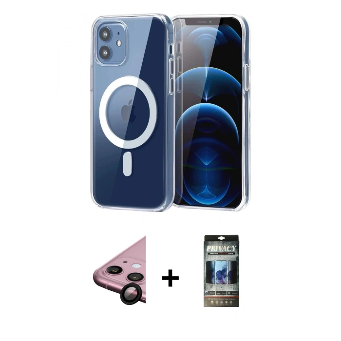 MARSİLYAN™- iPhone 11 Kılıf Ahenk Minimal Serisi - Siyah 34D Hayalet Izgaralı Cam + Raze Metal Kamera Lens - SH
