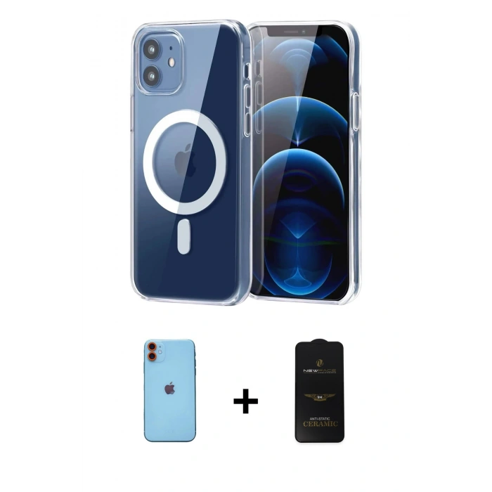 MARSİLYAN™- iPhone 11 Kılıf Ahenk Minimal Serisi - Siyah 6D Antistatik Mat Seramik Hayalet Nano Ekran Koruyucu + Neon Fosforlu Kamera Lens - TU