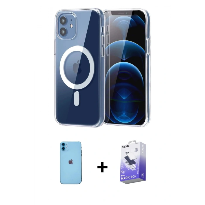 MARSİLYAN™- iPhone 11 Kılıf Ahenk Minimal Serisi - Siyah Bilvis 5in1 5D Magic Hayalet Cam Ekran Koruyucu + Neon Fosforlu Kamera Lens - MI