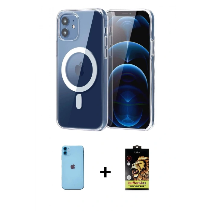 MARSİLYAN™- iPhone 11 Kılıf Ahenk Minimal Serisi - Siyah Buffer Cam Ekran Koruyucu + Neon Fosforlu Kamera Lens - MI