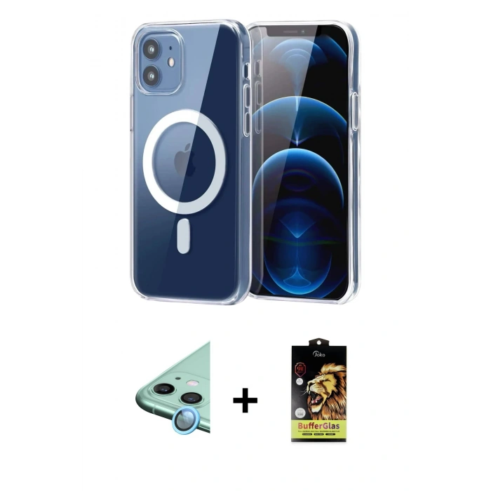 MARSİLYAN™- iPhone 11 Kılıf Ahenk Minimal Serisi - Siyah Buffer Cam Ekran Koruyucu + Raze Metal Kamera Lens - MI