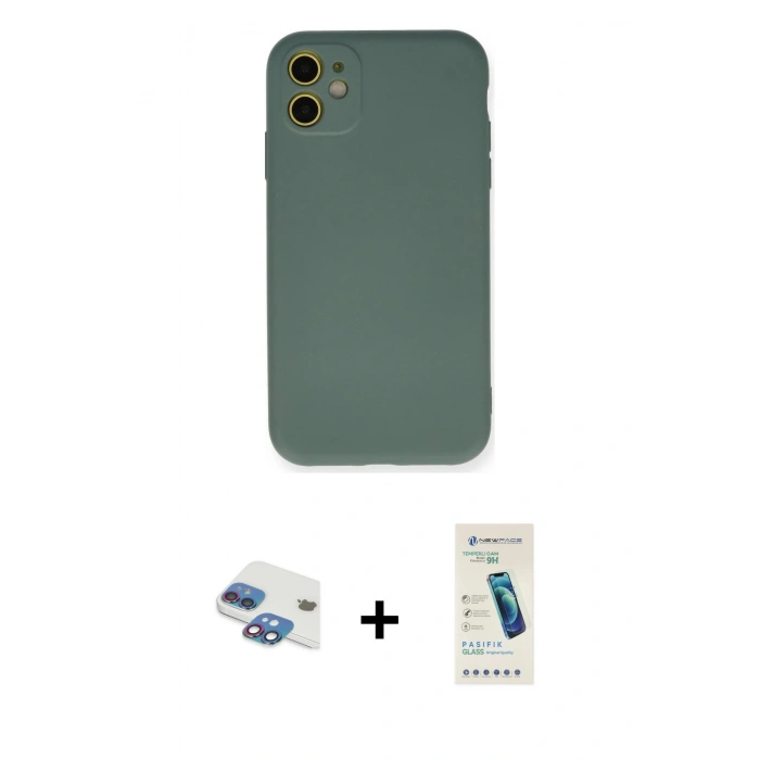 MARSİLYAN™- iPhone 11 Kılıf Ahenk Serisi - Şeffaf Pasifik Cam Ekran Koruyucu + Pers Alüminyum Kamera Lens - GI