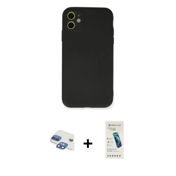 MARSİLYAN™- iPhone 11 Kılıf Ahenk Serisi - Şeffaf Pasifik Cam Ekran Koruyucu + Pers Alüminyum Kamera Lens - GI