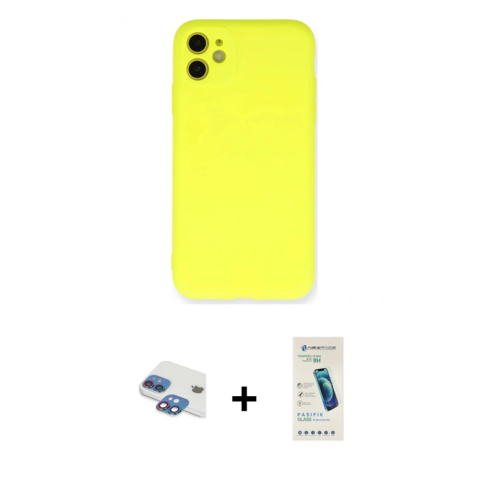 MARSİLYAN™- iPhone 11 Kılıf Ahenk Serisi - Şeffaf Pasifik Cam Ekran Koruyucu + Pers Alüminyum Kamera Lens - GI