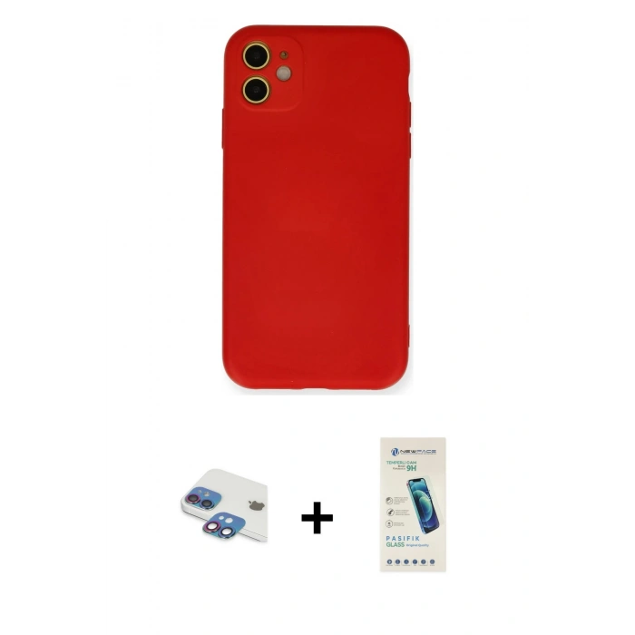 MARSİLYAN™- iPhone 11 Kılıf Ahenk Serisi - Şeffaf Pasifik Cam Ekran Koruyucu + Pers Alüminyum Kamera Lens - GI