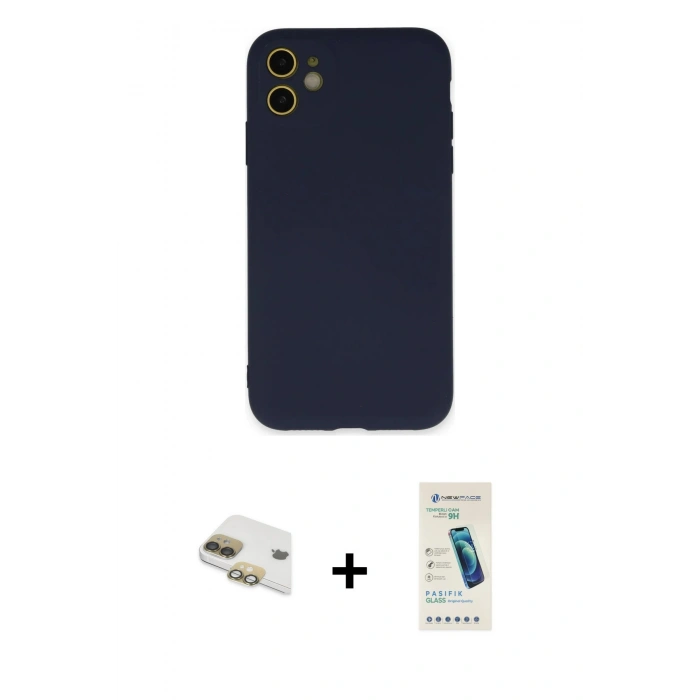 MARSİLYAN™- iPhone 11 Kılıf Ahenk Serisi - Şeffaf Pasifik Cam Ekran Koruyucu + Pers Alüminyum Kamera Lens - GD
