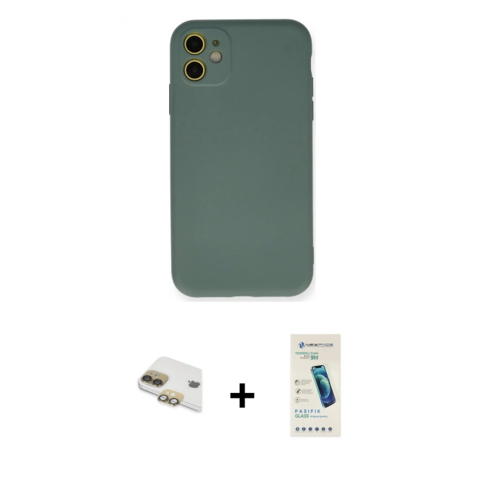 MARSİLYAN™- iPhone 11 Kılıf Ahenk Serisi - Şeffaf Pasifik Cam Ekran Koruyucu + Pers Alüminyum Kamera Lens - GD