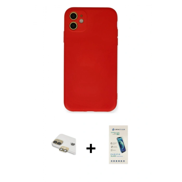 MARSİLYAN™- iPhone 11 Kılıf Ahenk Serisi - Şeffaf Pasifik Cam Ekran Koruyucu + Pers Alüminyum Kamera Lens - GD