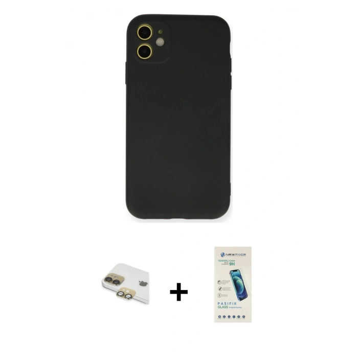 MARSİLYAN™- iPhone 11 Kılıf Ahenk Serisi - Şeffaf Pasifik Cam Ekran Koruyucu + Pers Alüminyum Kamera Lens - GD