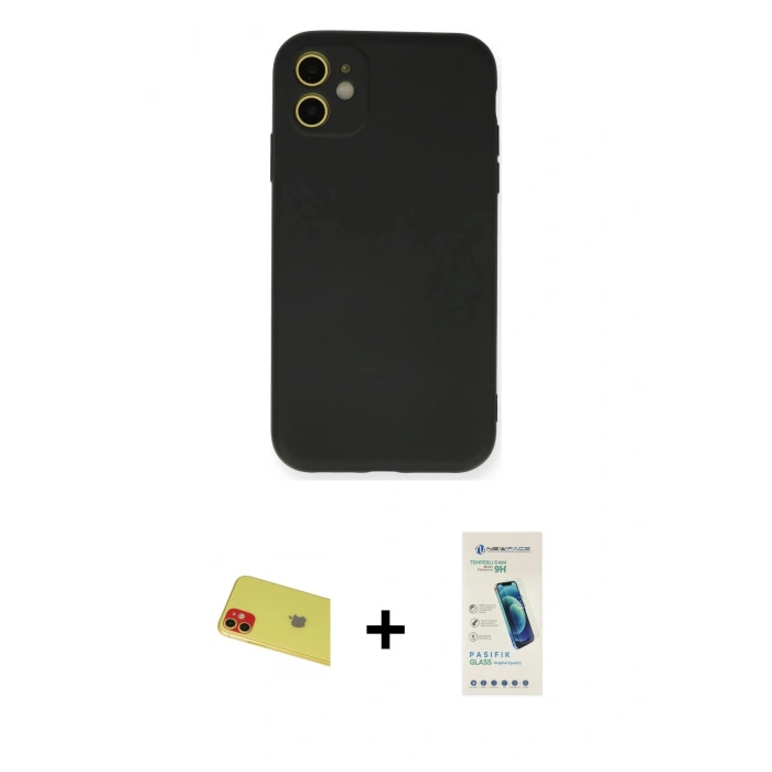 MARSİLYAN™- iPhone 11 Kılıf Ahenk Serisi - Şeffaf Pasifik Cam Ekran Koruyucu + Rainbow Kamera Lens Koruma Cam - KI