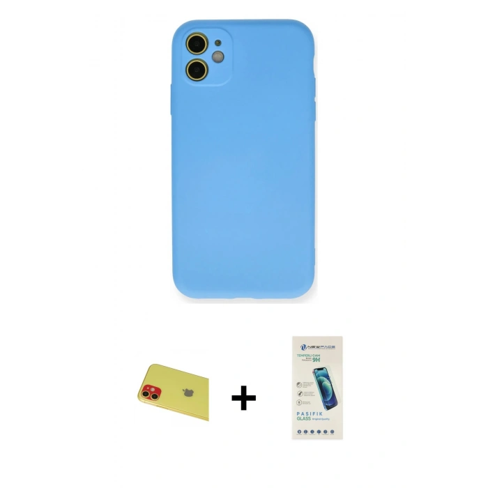 MARSİLYAN™- iPhone 11 Kılıf Ahenk Serisi - Şeffaf Pasifik Cam Ekran Koruyucu + Rainbow Kamera Lens Koruma Cam - KI